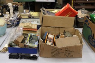 A LARGE QUANTITY OF VINTAGE MODEL RAILWAY ITEMS TO INCLUDE, BUILDINGS, TRAINS, TRANSFORMERS,