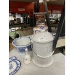 VARIOUS LARGE ITEMS OF CERAMICS TO INCLUDE AN ORIENTAL STYLE VASE, BLUE AND WHITE BOWL ETC