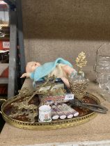 VARIOUS ITEMS TO INCLUDE A VINTAGE BRASS MINIATURE EASEL, SCENT BOTTLE, DOLL, NUT CRACKERS WITH