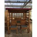 AN AS NEW EX DISPLAY CHARLES TAYLOR GARDEN FURNITURE ARBOUR WITH COVER AND TWO SINGLE SEATS WITH