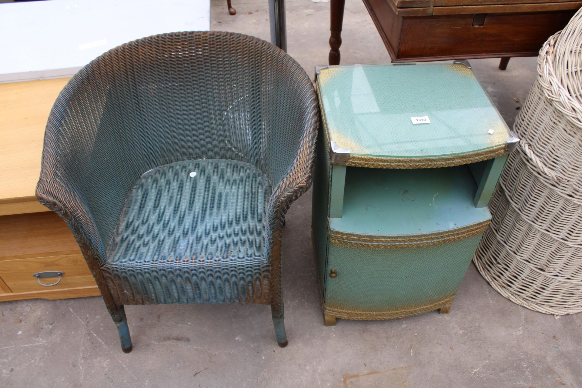 A LLOYD LOOM BEDROOM CHAIR AND LLOYD LOOM STYLE BEDSIDE LOCKER