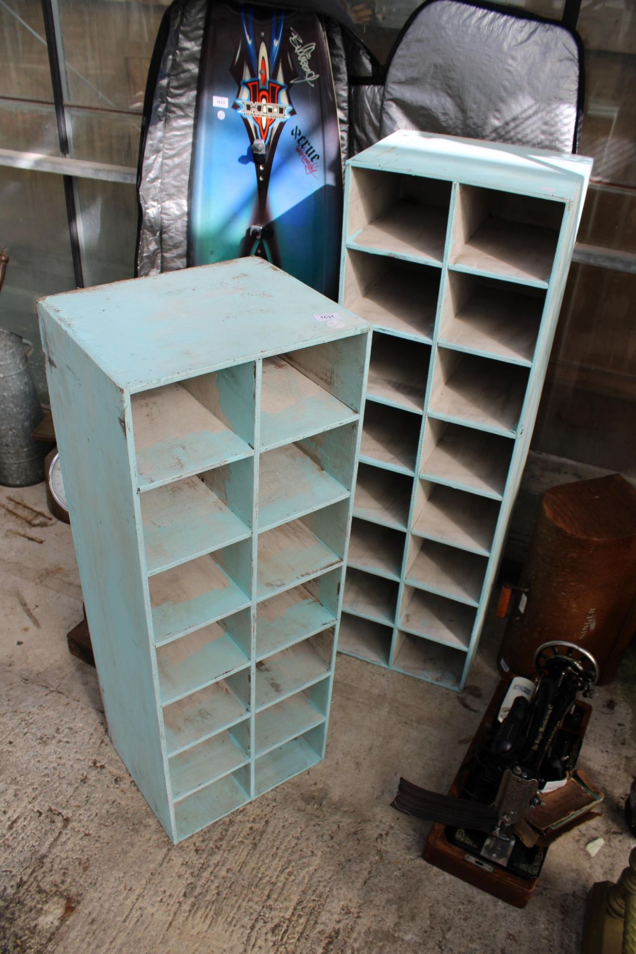 TWO WOODEN PIGEON HOLE STORAGE UNITS