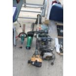 AN ASSORTMENT OF POWER TOOLS TO INCLUDE JIGSAWS, HEDGE TRIMMERS AND A JCB PETROL GRASS STRIMMER ETC