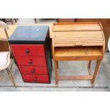 A CHILDS SWALLOW ROLL TOP DESK AND A PAINTED FOUR DRAWER CHEST