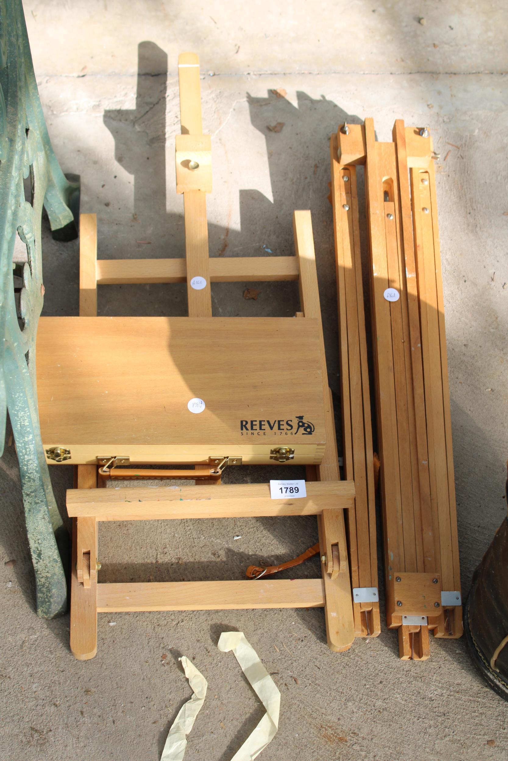 TWO WOODEN ARTISTS EASELS AND A REEVES PAINT SET