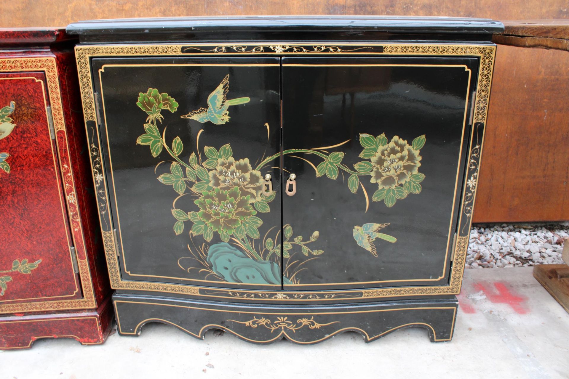 A 19TH CENTURY STYLE EBONISED TWO-DOOR SIDE CABINET WITH CHINOISERIE DECORATION, 32" WIDE - Image 2 of 3