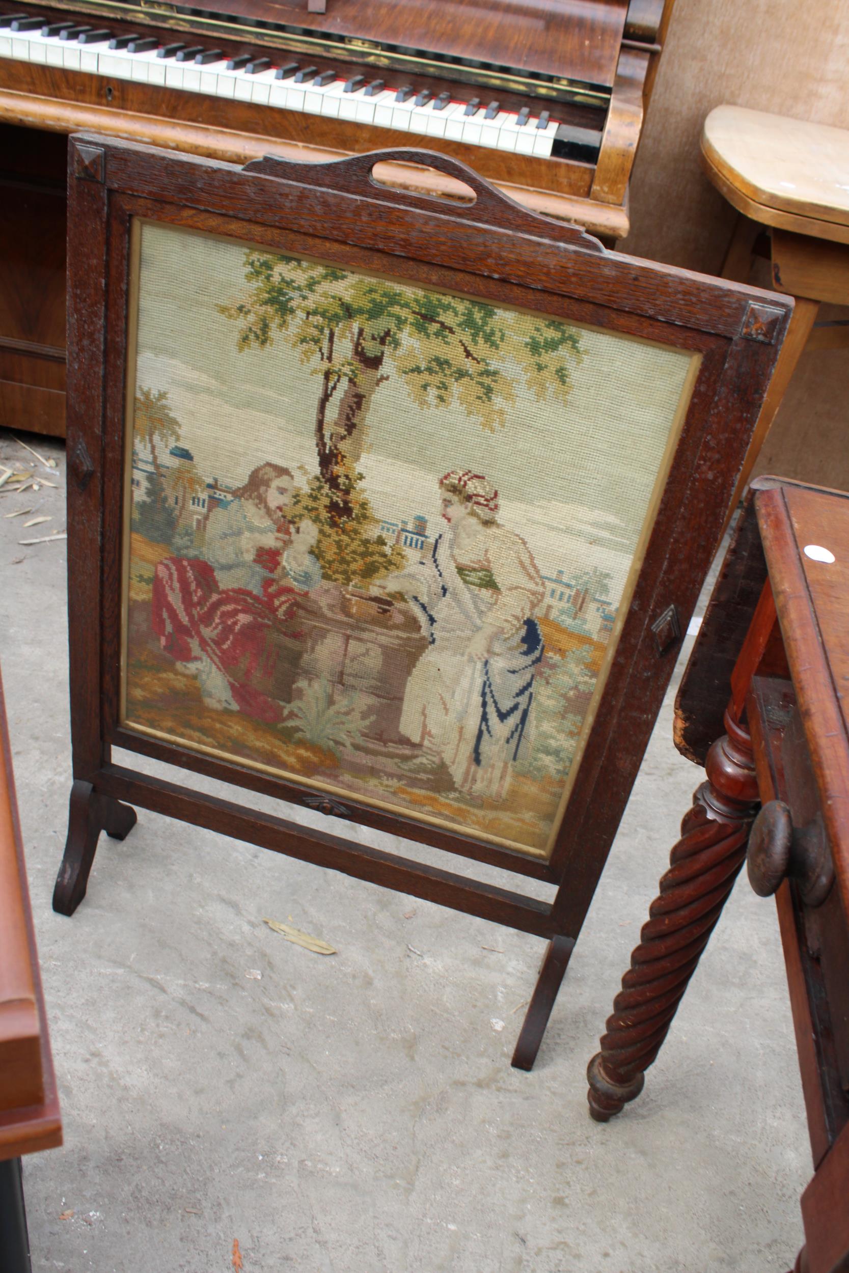 A VICTORIAN MAHOGANY PEMBROKE TABLE ON KNURLED LEGS, A TELEPHONE TABLE AND WOOLWORK FIRE SCREEN - Image 3 of 4