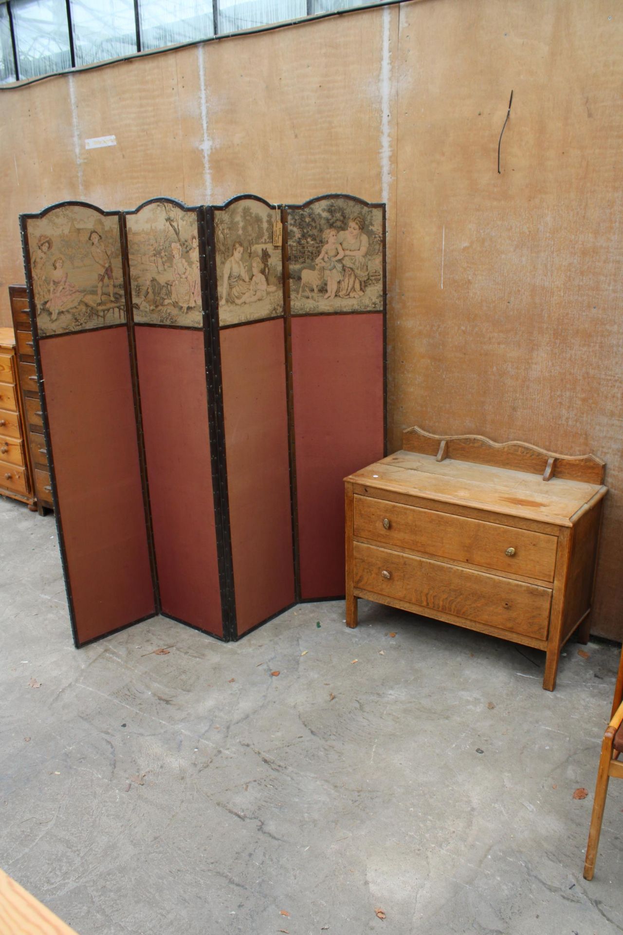 A FOUR SECTION SCREEN AND AN OAK DRESSING CHEST OF TWO DRAWERS