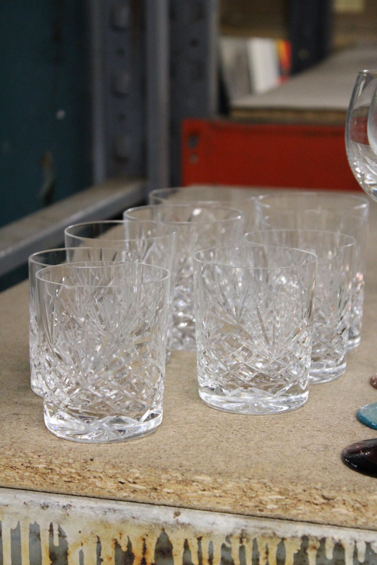 A QUANTITY OF WINE GLASSES WITH COLOURED STEMS AND CUT GLASS TUMBLERS - Image 2 of 5