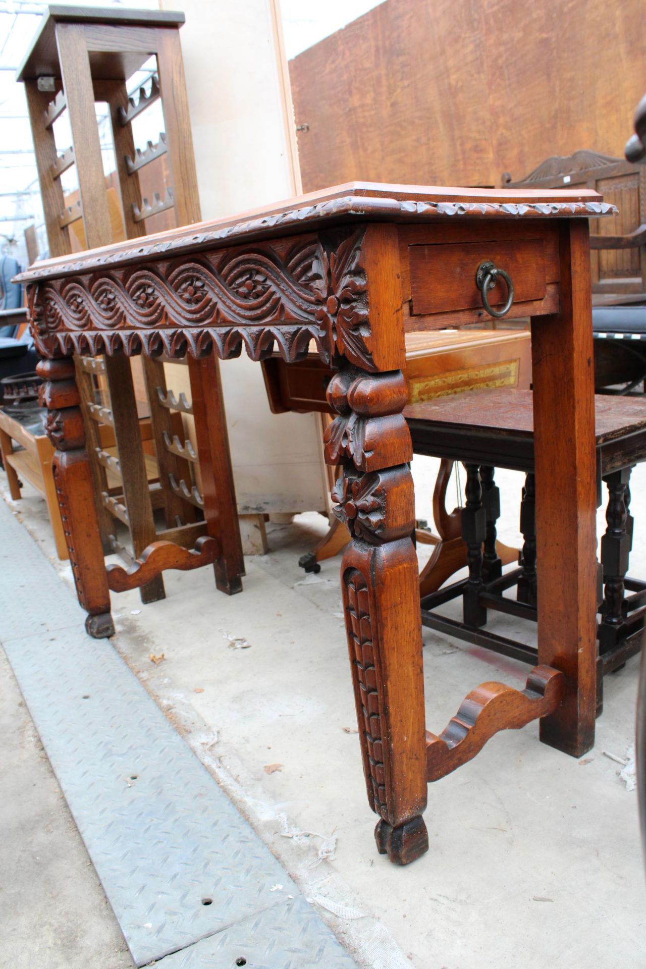 A VICTORIAN GOTHIC OAK HEAVILY CARVED SIDE TABLE, 41" WIDE - Image 2 of 4