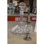 A CUT GLASS SHIPS DECANTER AND A MOROCCAN SCENT BOTTLE