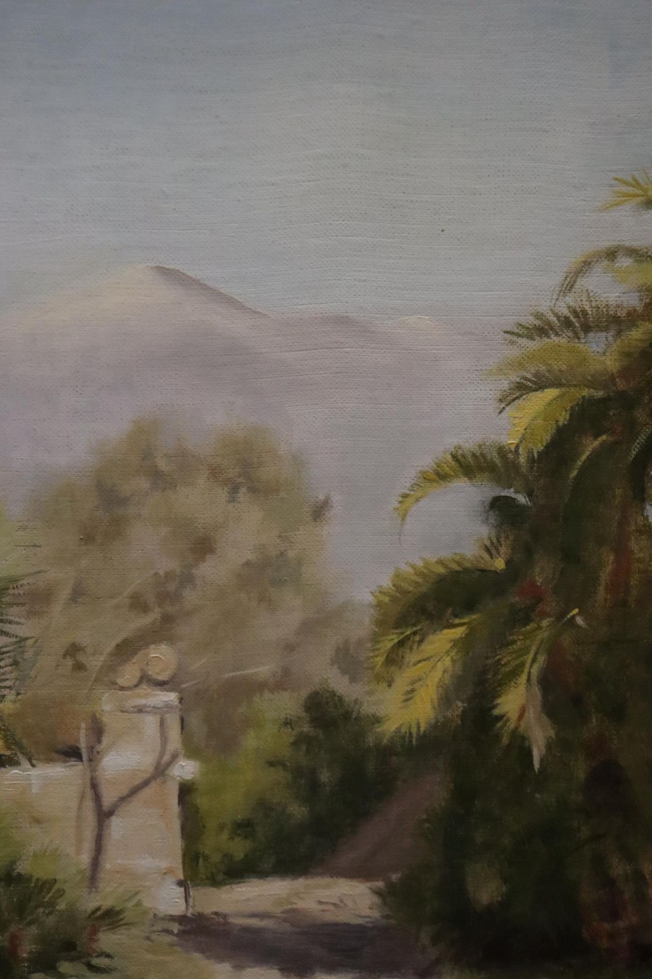 AN OIL ON CANVAS, 'PALMS BEFORE ETNA', SICILY, INDISTINCT SIGNATURE, IN GILT FRAME, 27CM X 37CM - Image 2 of 6