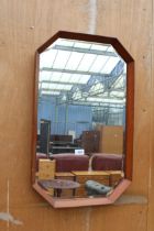 A RETRO TEAK BEVEL EDGE WALL MIRROR WITH CANTED CORNERS 28" x 17"