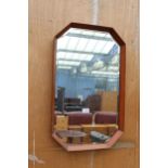 A RETRO TEAK BEVEL EDGE WALL MIRROR WITH CANTED CORNERS 28" x 17"