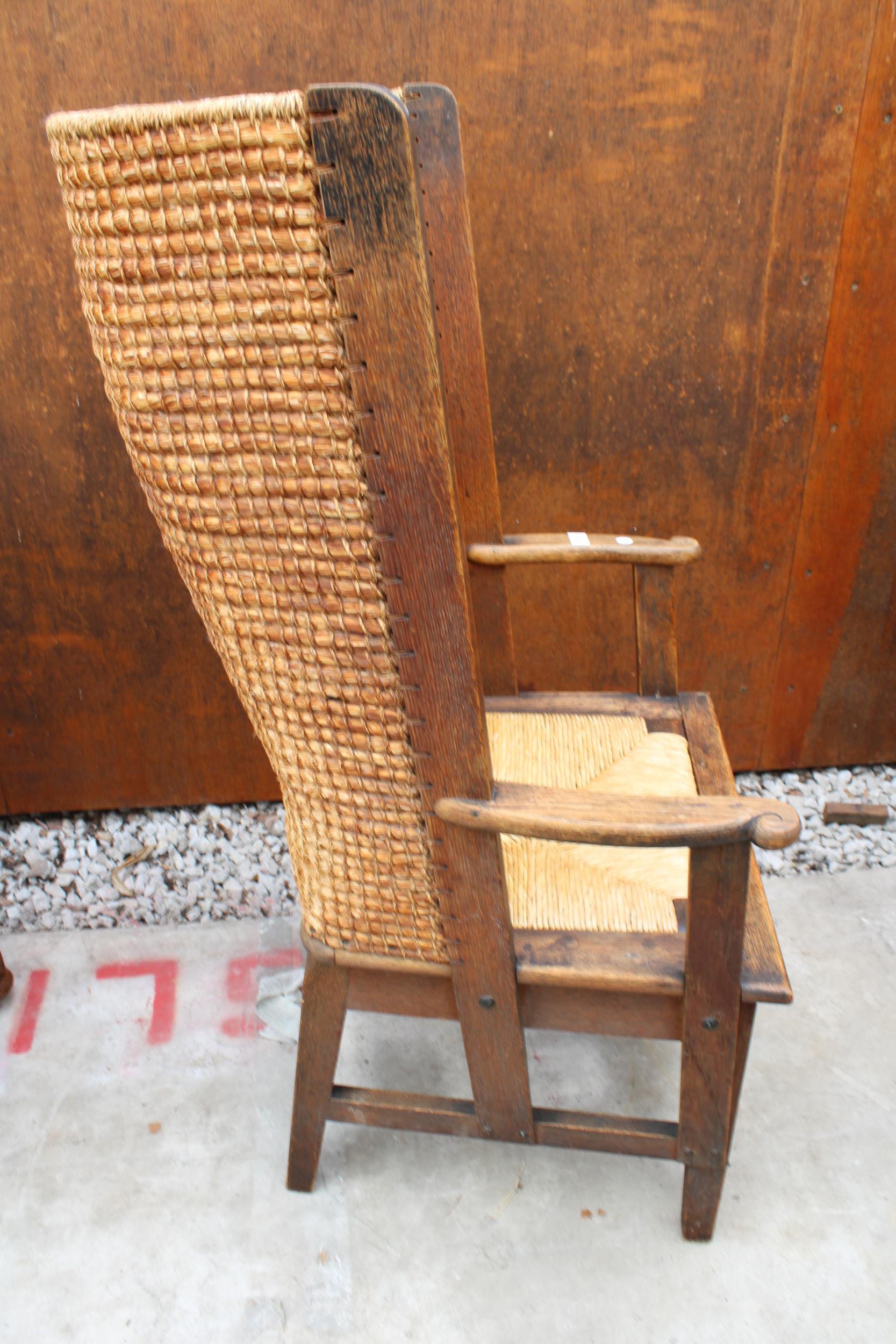 AN OAK ORKNEY CHAIR OF SMALL PROPORTIONS WITH WICKER SEAT AND STITCHED STRAW BACK - Image 2 of 3