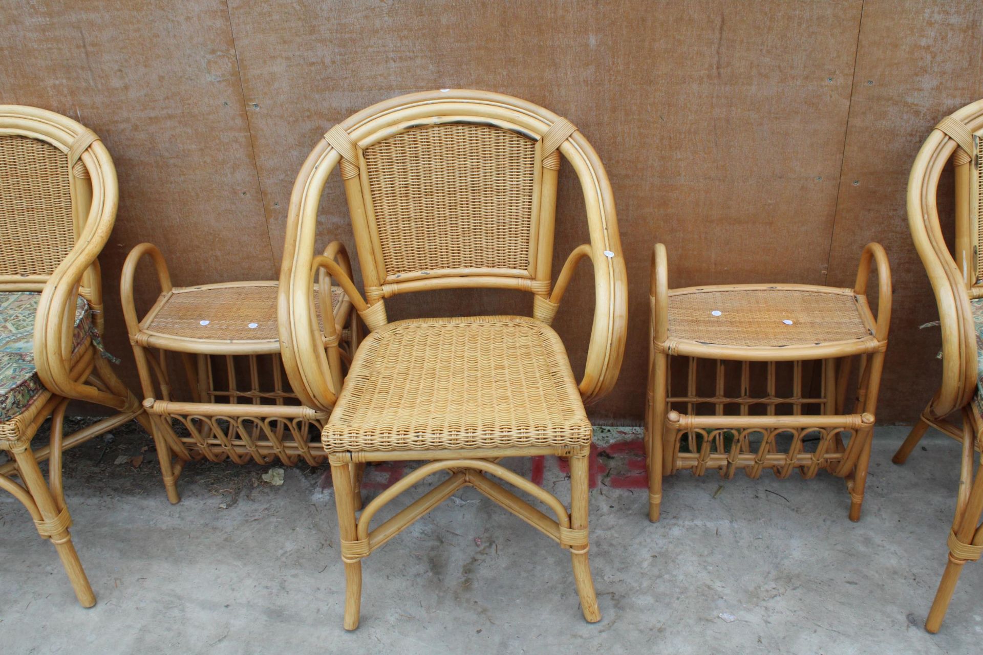THREE WICKER AND BAMBOO ARMCHAIRS AND TWO MAGAZINE RACKS/TABLES - Image 2 of 2