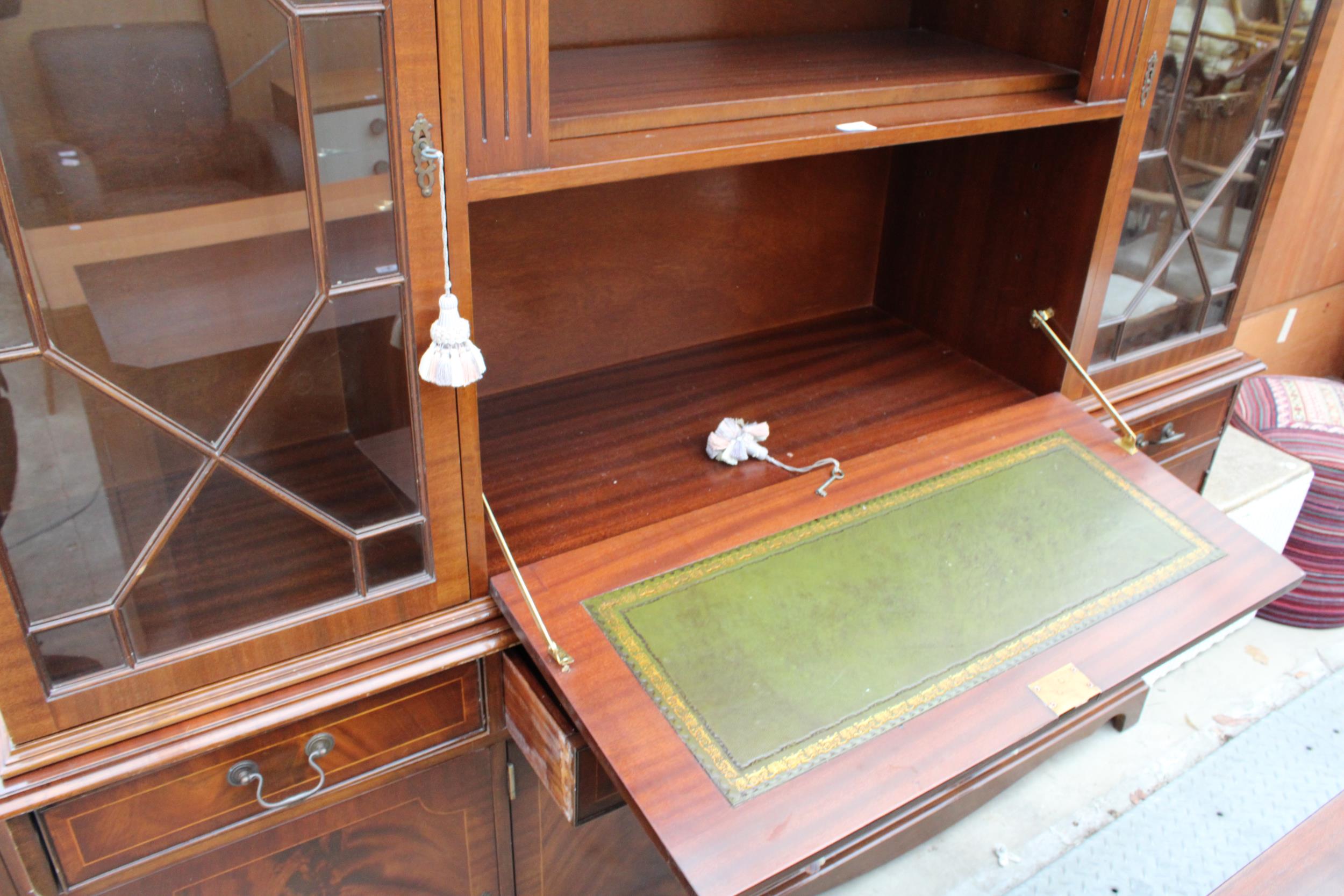 REPRODUCTION MAHOGANY AND CROSSBANDED BOOKCASE / BUREAU ON BASE 70" WIDE - Image 5 of 5