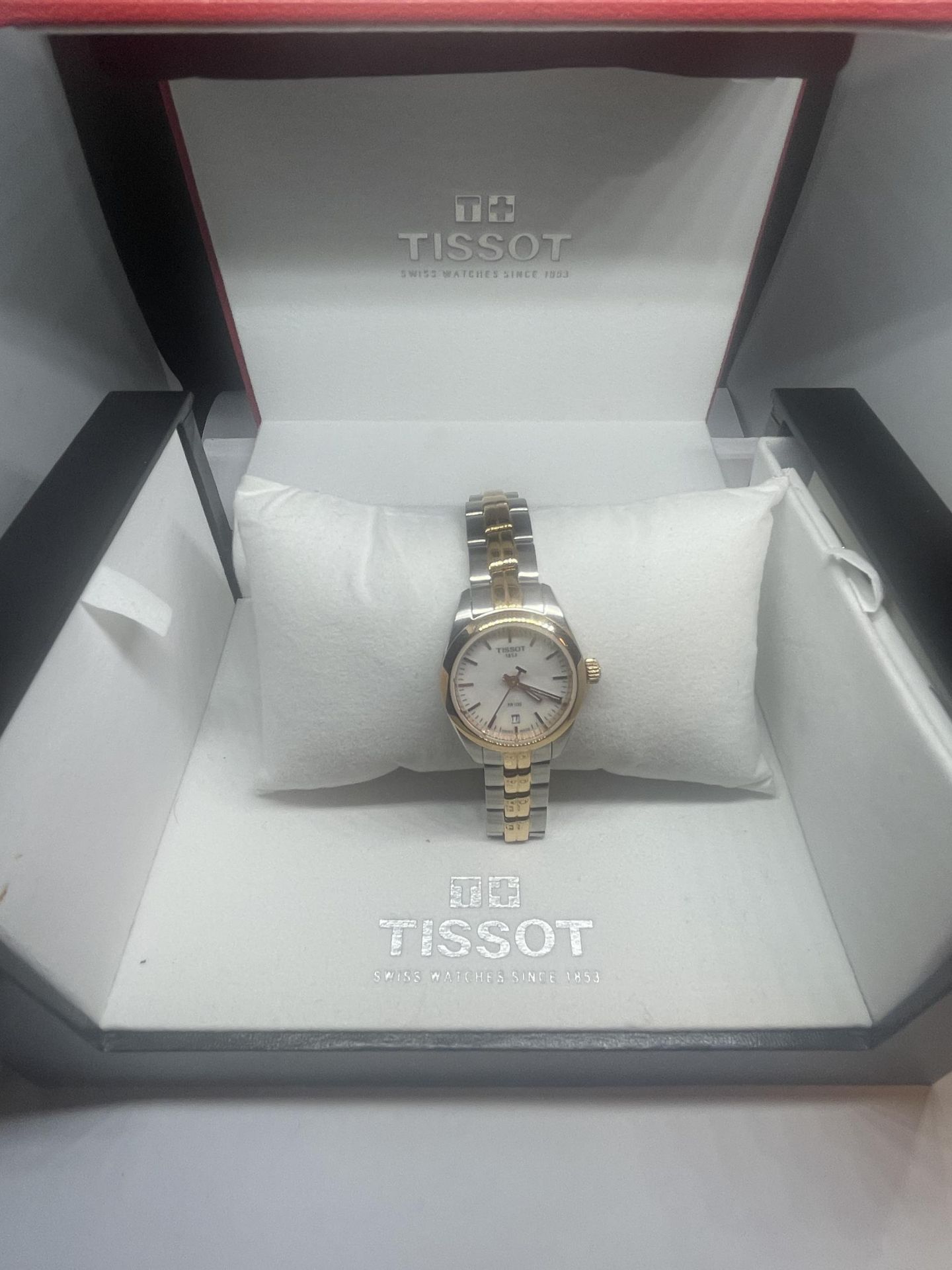 A BOXED TISSOT PR100 WRIST WATCH WITH CHROME AND YELLOW METAL STRAP WITH PEARLISED FACE - Image 2 of 5