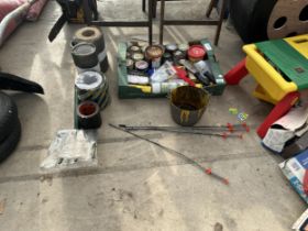 AN ASSORTMENT OF ITEMS TO INCLUDE ROLLS OF FLASHING, PAINTS AND A FORK ETC