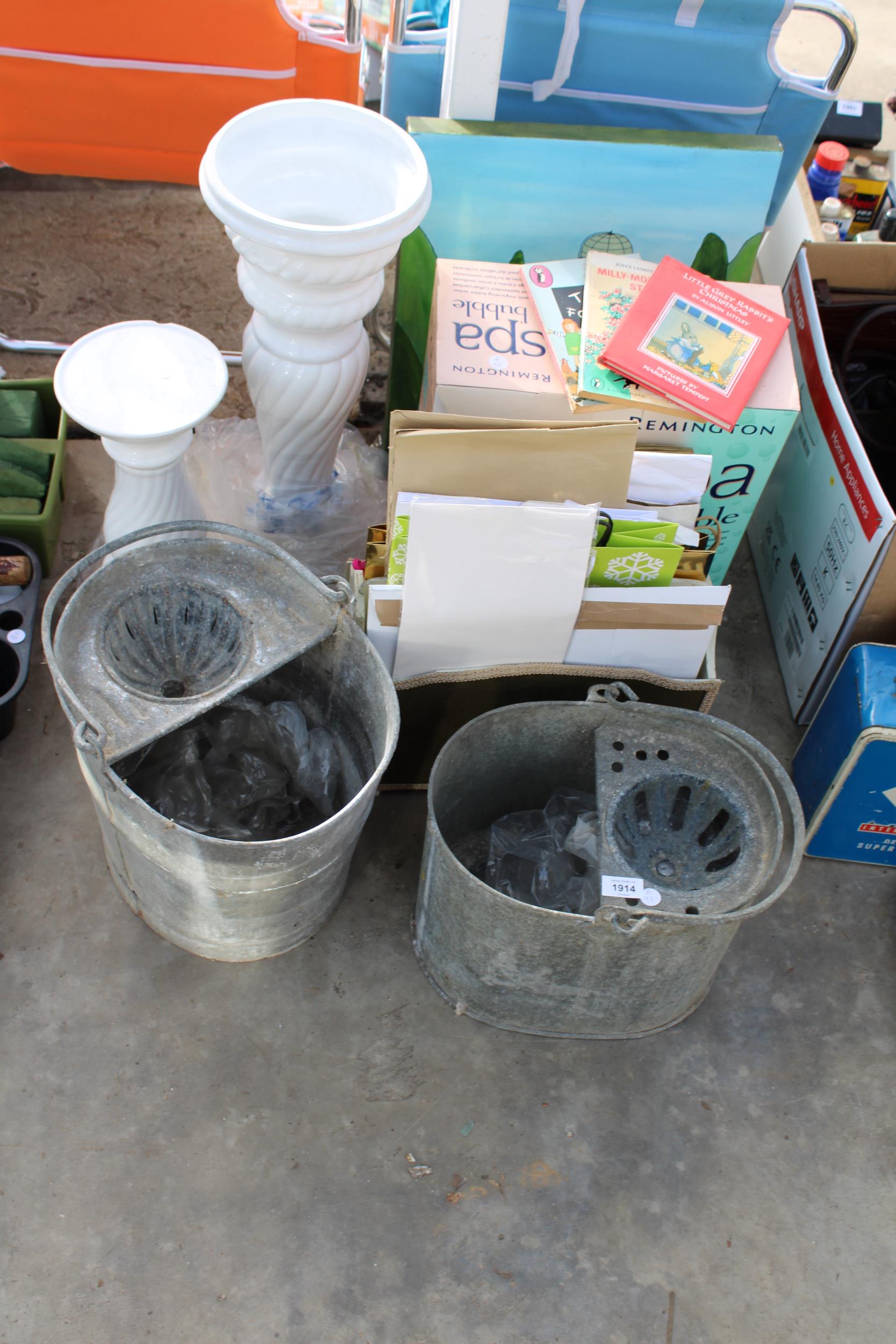 AN ASSORTMENT OF ITEMS TO INCLUDE TWO GALVANISED MOP BUCKETS AND TWO CERAMIC JARDINAIRES ETC