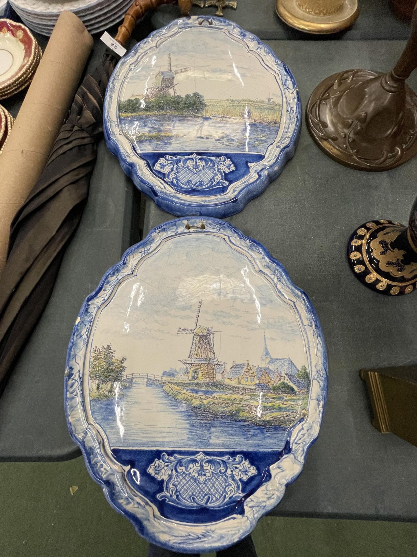 TWO LARGE DELFT WALL PLAQUES WITH WINDMILL SCENES