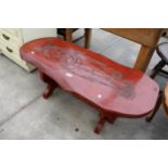 A STAINED ELM COFFEE TABLE, THE TOP HAVING CARVING OF A HORSE, SIGNED A.S, 42" X 18"