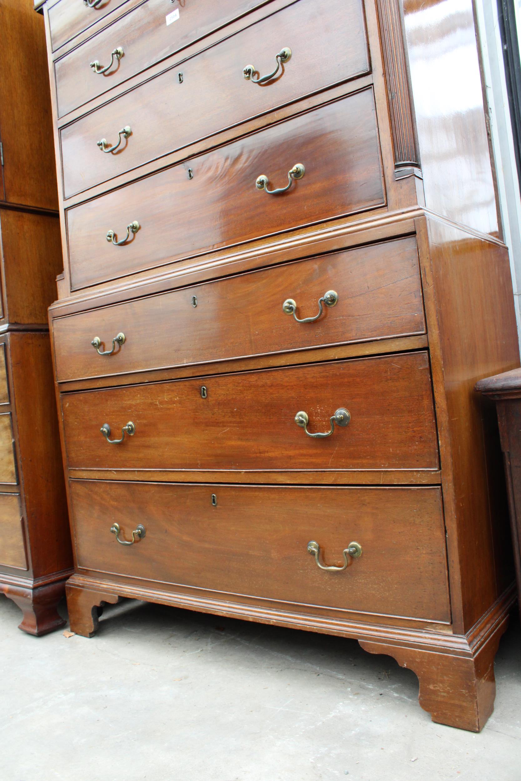 A 19TH CENTURY MAHOGANY AND INLAID CHEST ON CHEST WITH FOLD DOWN FLAP BEING TWO SHAM DRAWERS AND - Image 3 of 6