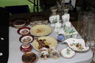 A QUANTITY OF CERAMICS TO INCLUDE CROWN STAFFORDSHIRE, VASES, BELLS, A TRINKET BOX AND JUG,
