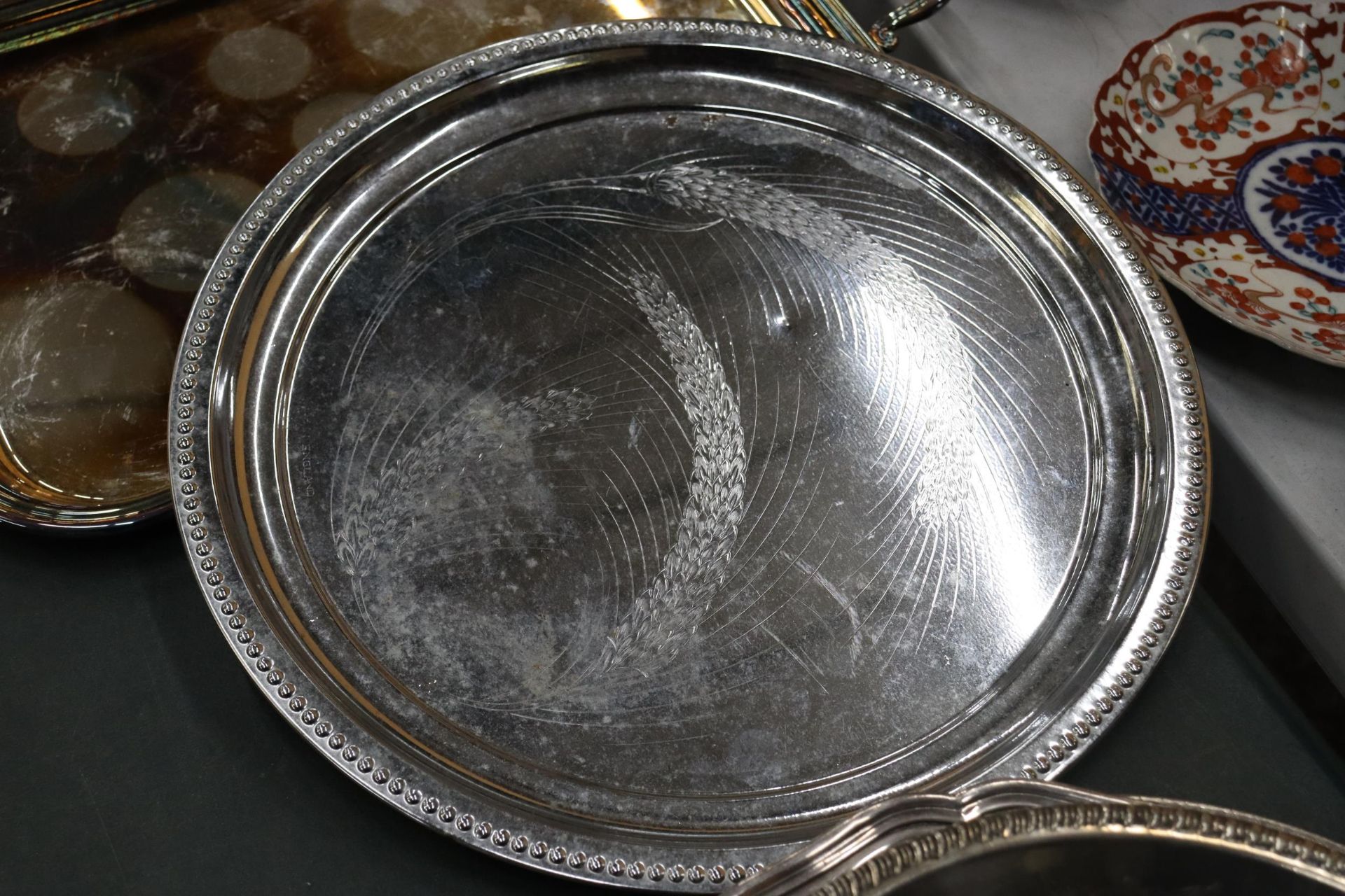 FIVE SILVER PLATE TRAYS ONE WITH AN EMBROIDERED INLAY - Image 5 of 11