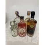 FIVE VARIOUS BOTTLES OF LIQUEUR TO INCLUDE A BLACKBERRY GIN LIQUEUR, AN ELDERFLOWER GIN LIQUEUR