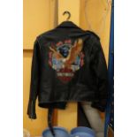 A VINTAGE HARLEY DAVIDSON LEATHER MOTOR CYCLE JACKET WITH LOGO TO THE BACK
