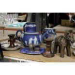 THREE PIECES OF DARK BLUE WEDGWOOD JASPERWARE TO INCLUDE A TEAPOT, PEWTER LIDDED JUG AND MILK JUG,