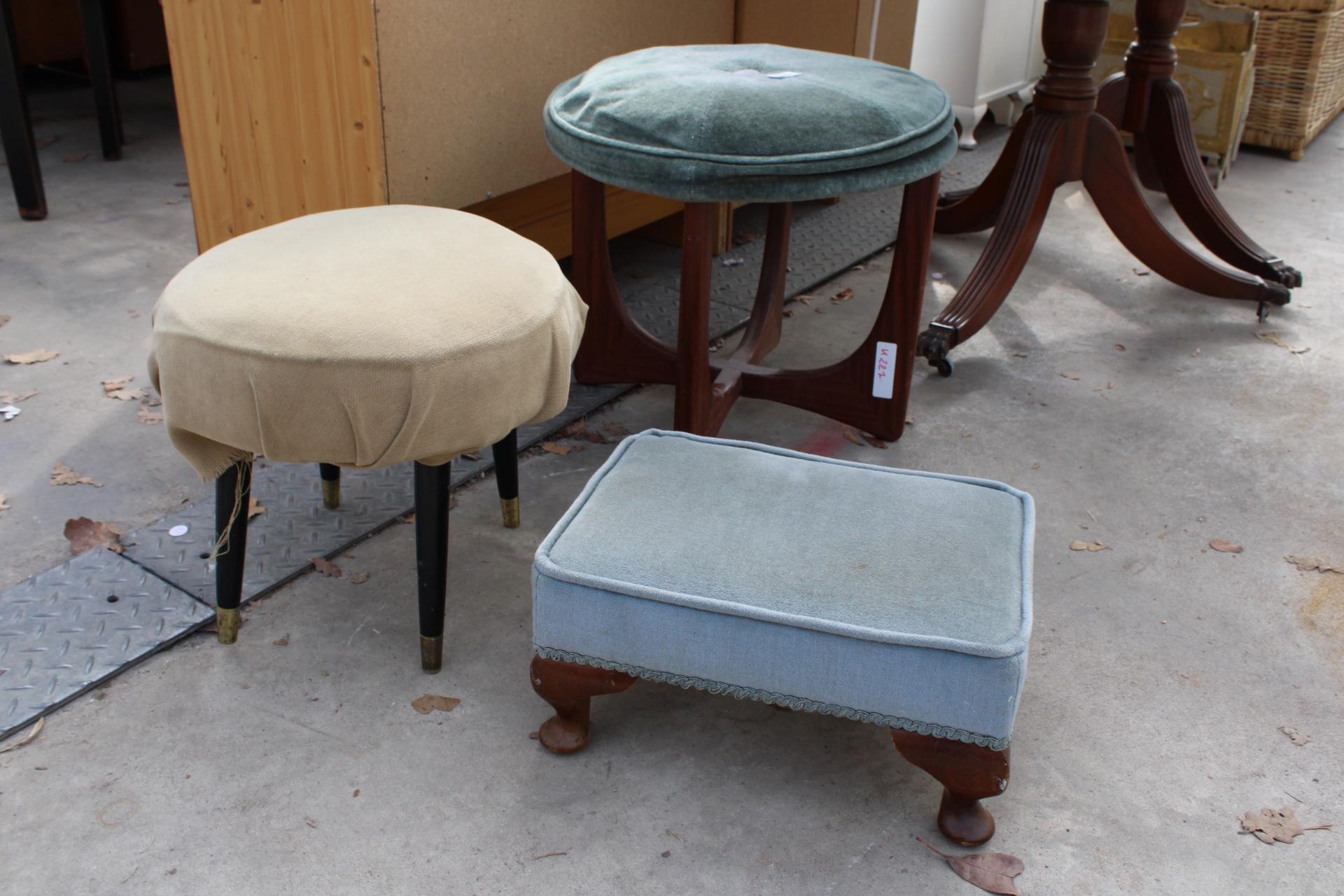 A RETRO TEAK G PLAN STYLE STOOL 19" DIAMETER, SMALL CABRIOLE LEG STOOL AND AN OVAL STOOL ON BLACK - Image 2 of 2