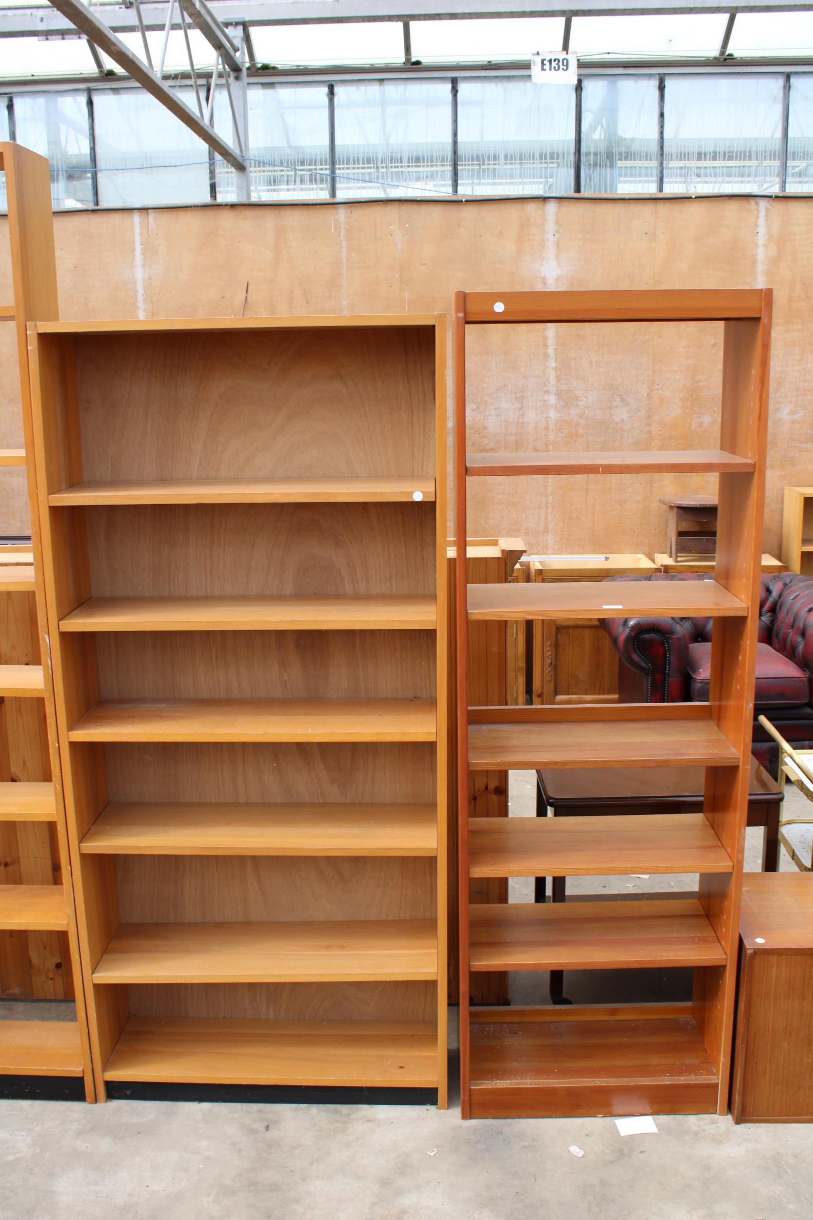 TWO MODERN OPEN SIX TIER BOOKCASES 32" AND 24" WIDE