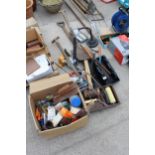 AN ASSORTMENT OF TOOLS TO INCLUDE A SPADE, A SHOVEL AND HAND TOOLS ETC