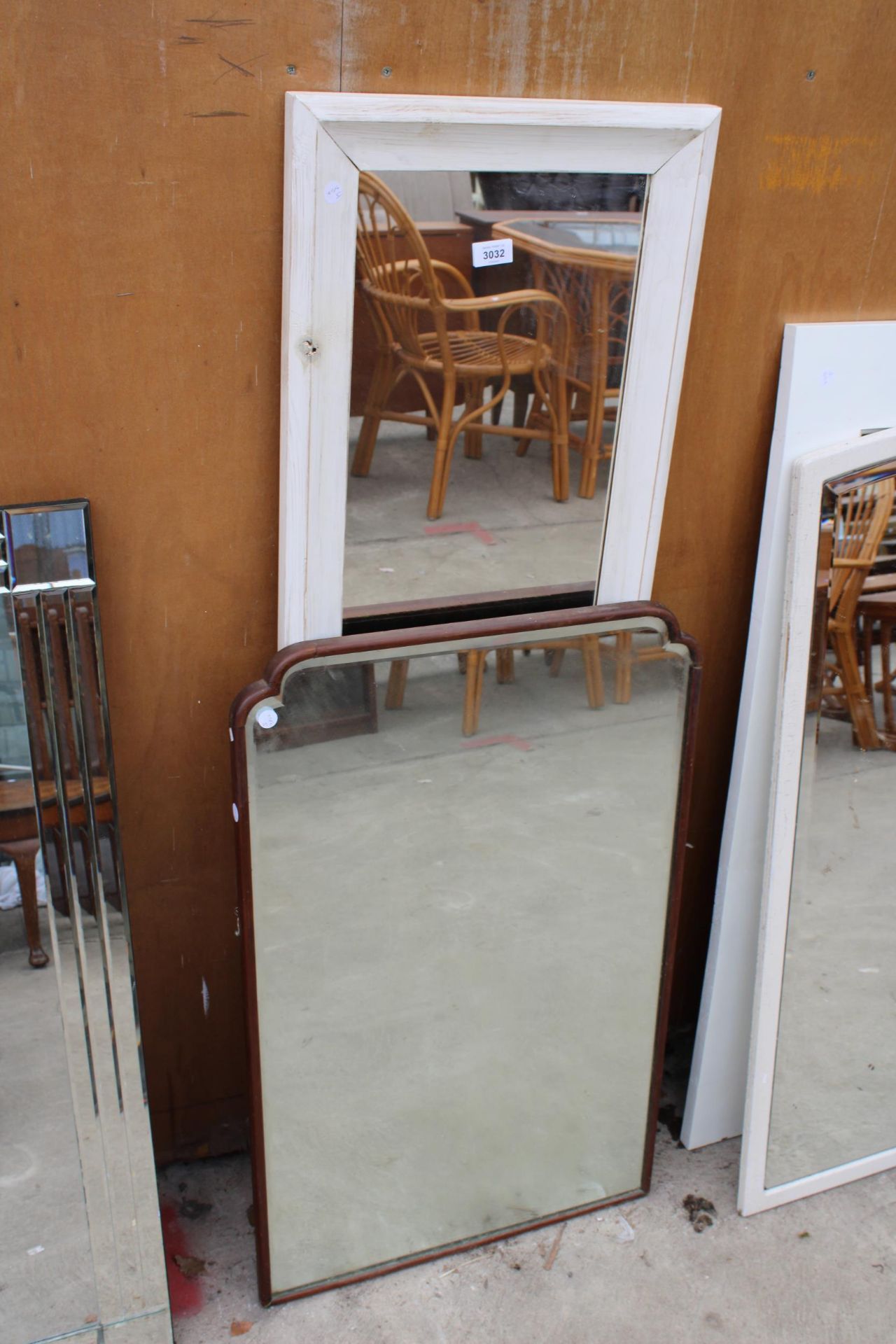 A MAHOGANY FRAMED MIRROR (33" X 21")AND A WHITE FRAMED MIRROR - 52.5" X 16