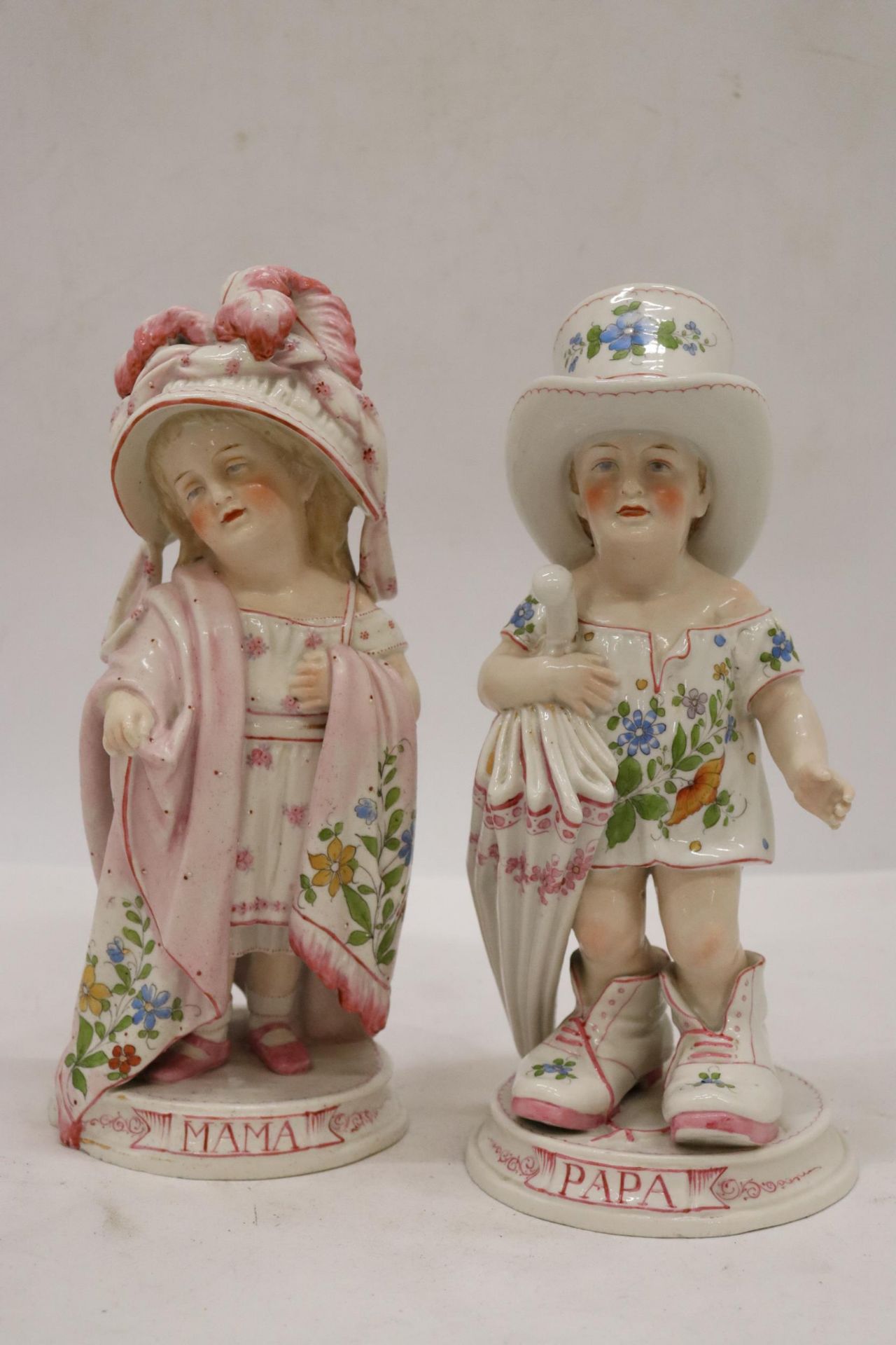 A PAIR OF ANTIQUE ORIGINAL GERMAN PORCELAIN FIGURES, 'MAMA' AND 'PAPA', GOOD COLOURS, HEIGHT
