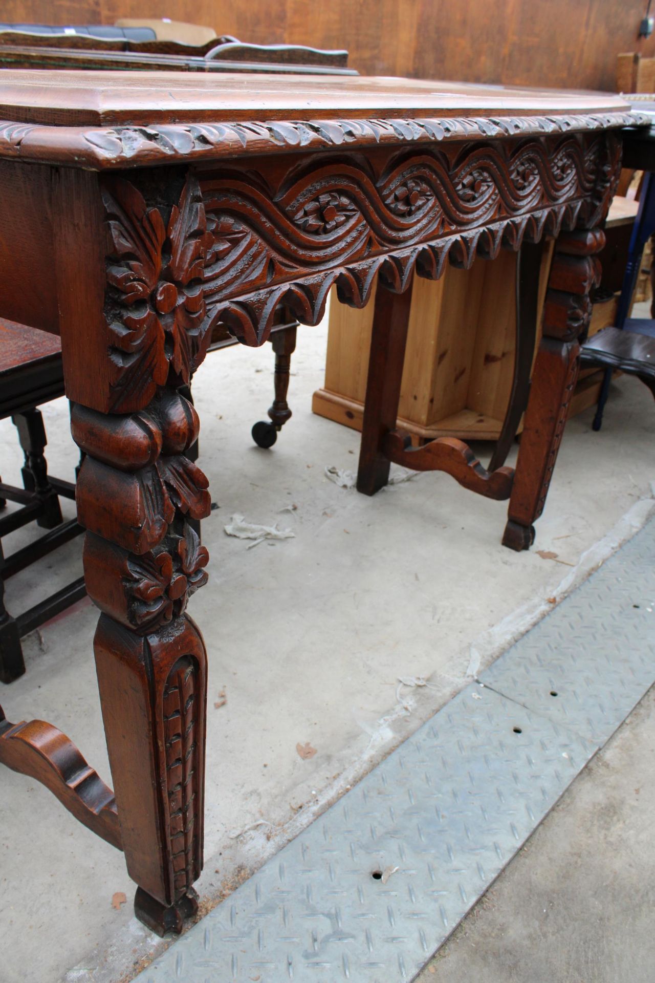 A VICTORIAN GOTHIC OAK HEAVILY CARVED SIDE TABLE, 41" WIDE - Image 4 of 4