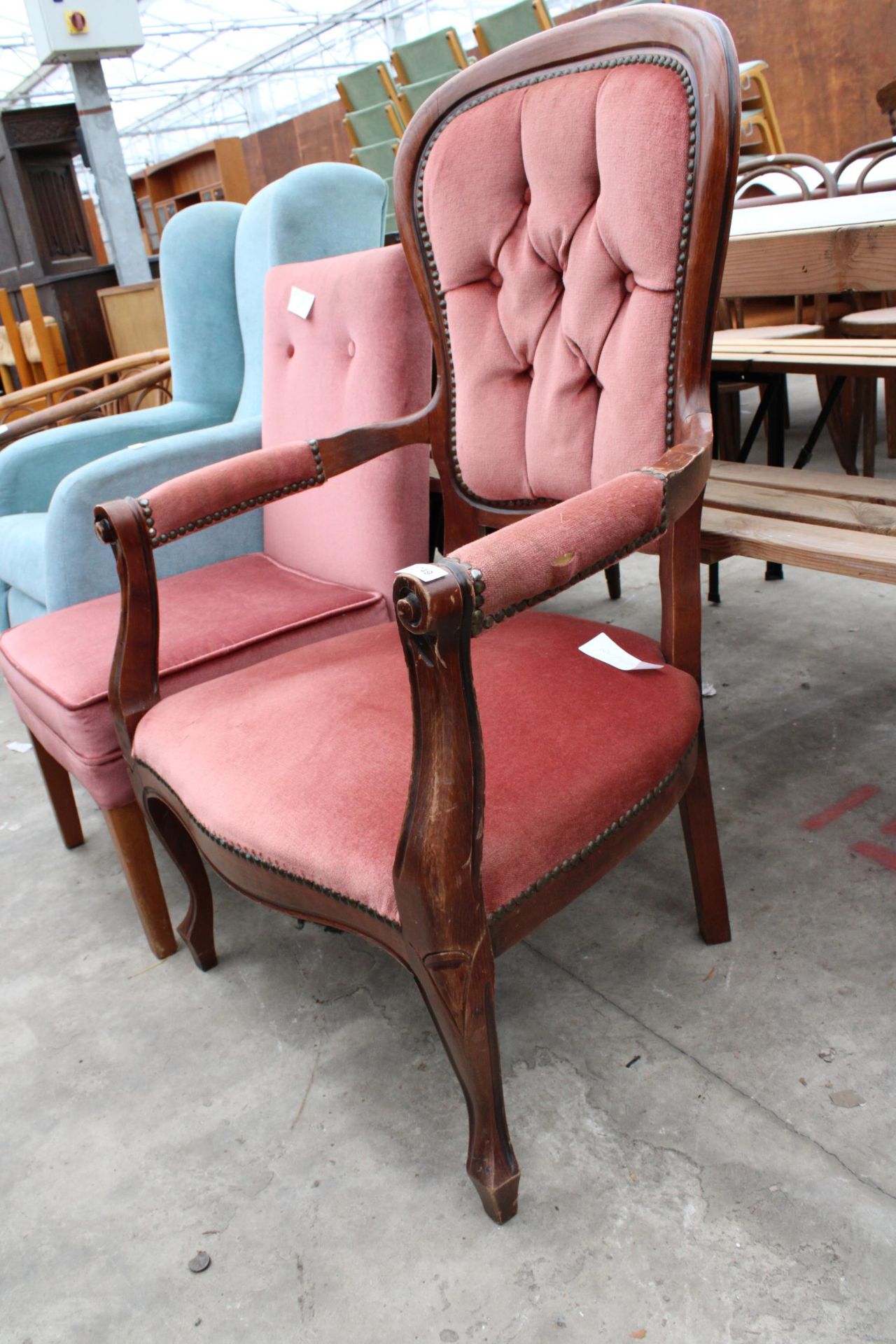 A CONTINENTAL STYLE OPEN ARM CHAIR AND BEDROOM CHAIR - Image 2 of 2