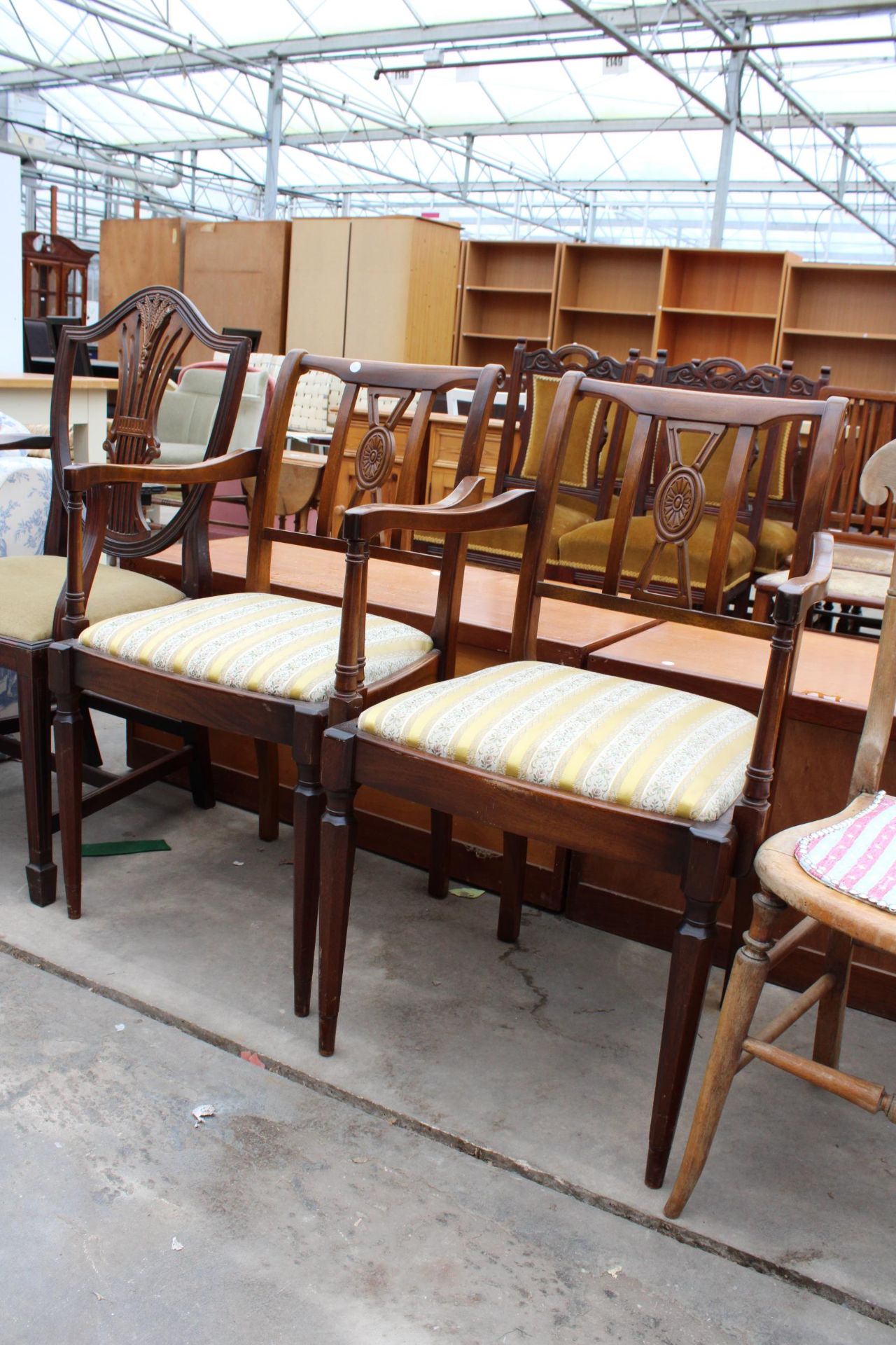 A VICTORIAN BEDROOM CHAIR AND THREE MAHOGANY DINING CHAIRS - Image 3 of 3