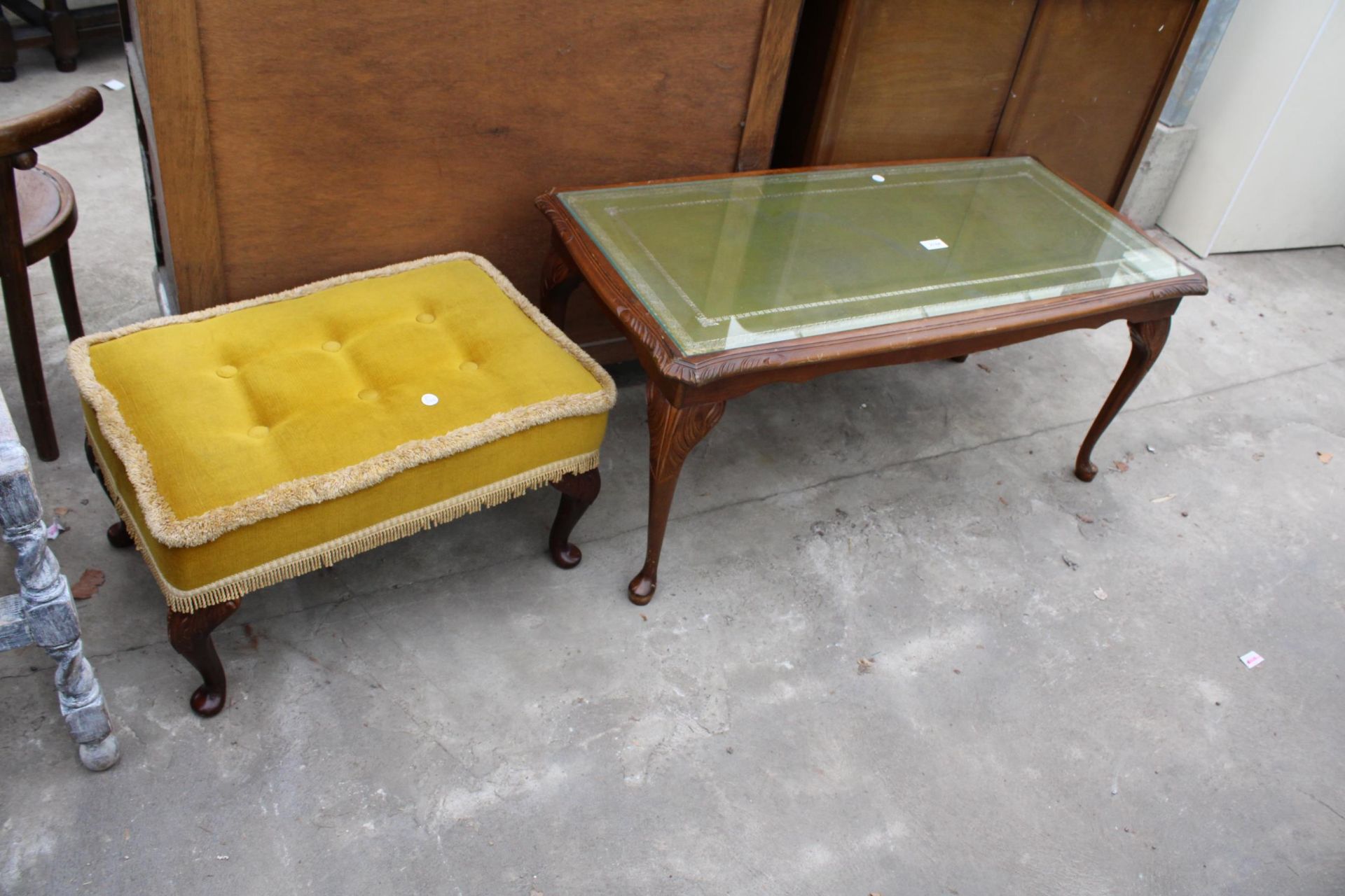 A COFFEE TABLE AND STOOL BOTH ON CABRIOLE LEGS