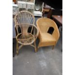 A WICKER AND BAMBOO CHAIR AND A WICKER CHAIR