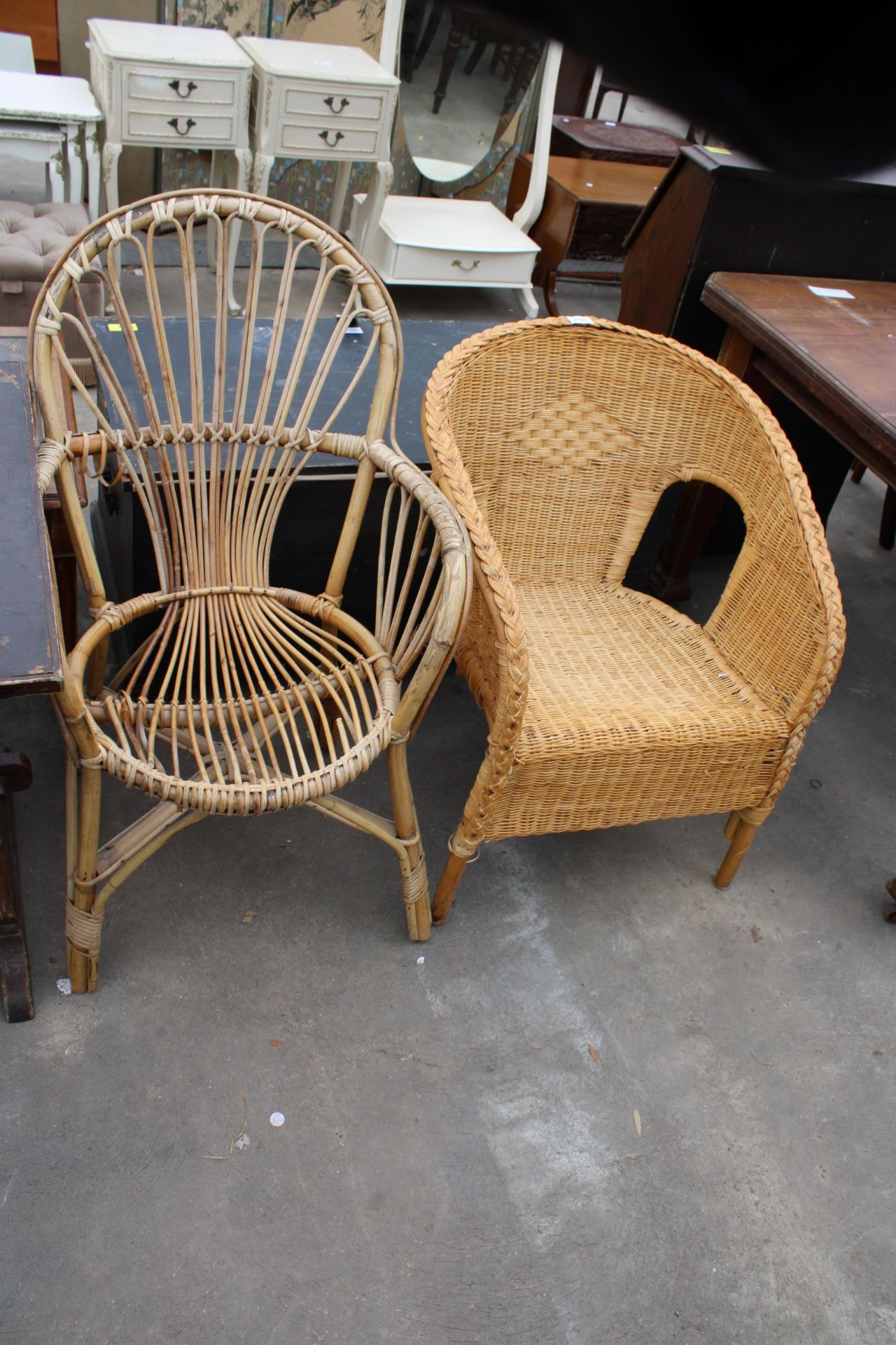 A WICKER AND BAMBOO CHAIR AND A WICKER CHAIR