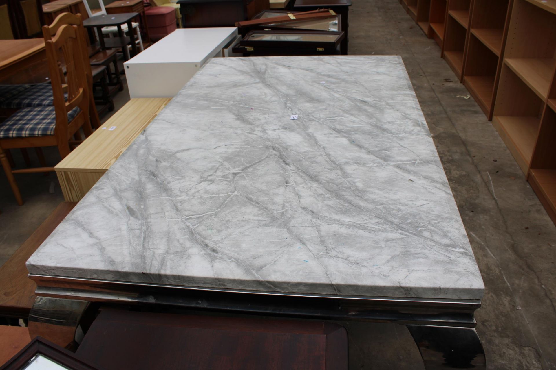 A MARBLE EFFECT DINING TABLE 59" X 36" ON POLISHED CHROME LEGS - Image 3 of 4