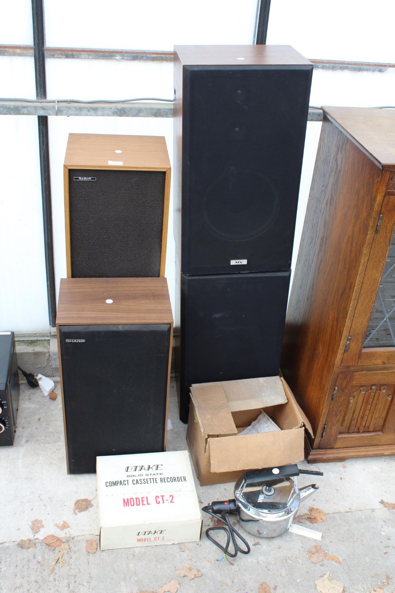VARIOUS ITEMS TO INC;UDE FOUR LARGE SPEAKERS, A COMPACT CASSETTE RECORDER AND A KETTLE