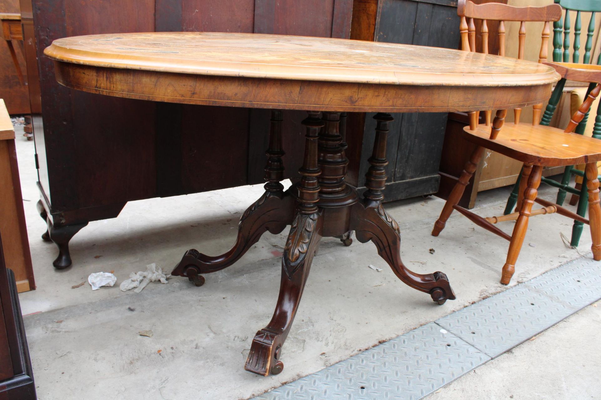 A VICTORIAN WALNUT AND INLAID OVAL TILT TOP LOO TABLE, 52" X 37" - Image 2 of 4