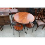 A HARDWOOD DINING TABLE ON A METALWARE BASE 36" DIAMETER AND FOUR MATCHING CHAIRS