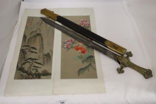 TWO VINTAGE ASIAN ART SILKS TOGETHER WITH A DRUMMER'S SWORD WITH SCABBARD