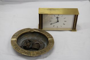 A VINTAGE BRASS, GERMAN MANTLE CLOCK, A LARGE PHILIPS LAMPS ASHTRAY PLUS TWO PADLOCKS