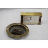 A VINTAGE BRASS, GERMAN MANTLE CLOCK, A LARGE PHILIPS LAMPS ASHTRAY PLUS TWO PADLOCKS
